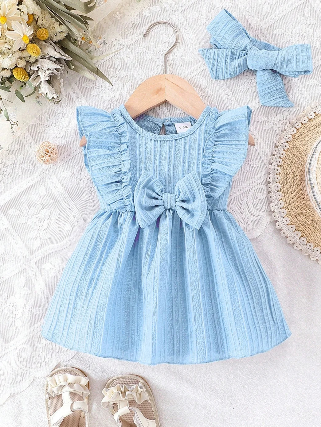 Baby girl Summer Blue dress with Ruffled Edges and Bow Sweet and Cute Style Dress suitable for 0-3 Year old Cute Baby girls 250617