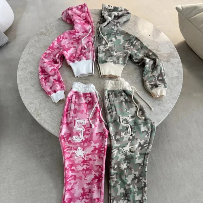 Camouflage Sports Two Piece Sets Womens Outifits Street Hip-hop Womens Two Peice Sets Slim Hoodie Casual Loose Sports Pants 250614
