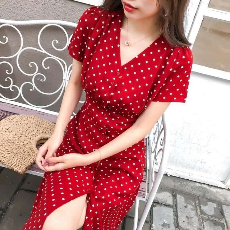 Chiffon Wrap Women Dresses Midi Loose Korean Party Short Summer Light Dress Floral Tunics Fashion Vintage Red Polka Dots Casual