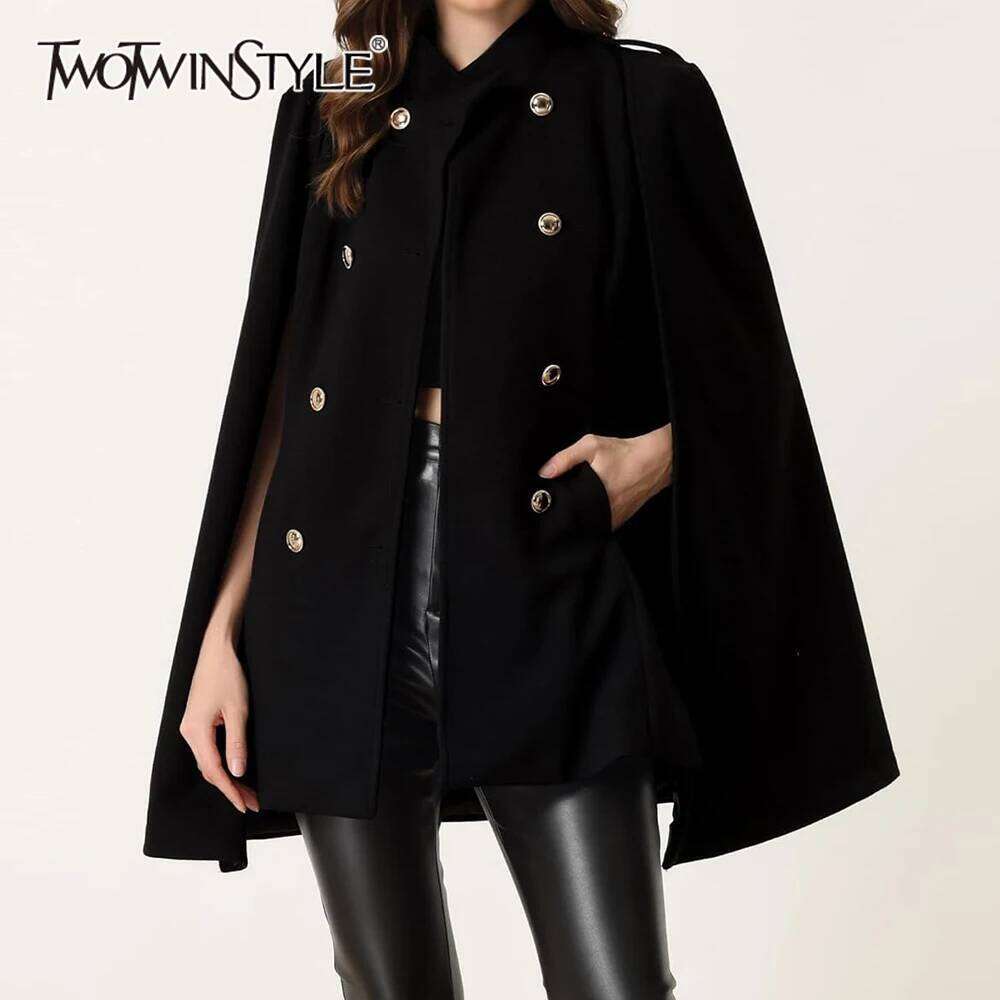 TWOTWINSTYLE Solid Patchwork Pocket Coats For Women Stand Collar Cloak Sleeve Spliced Double Breasted Temperament Coat Female