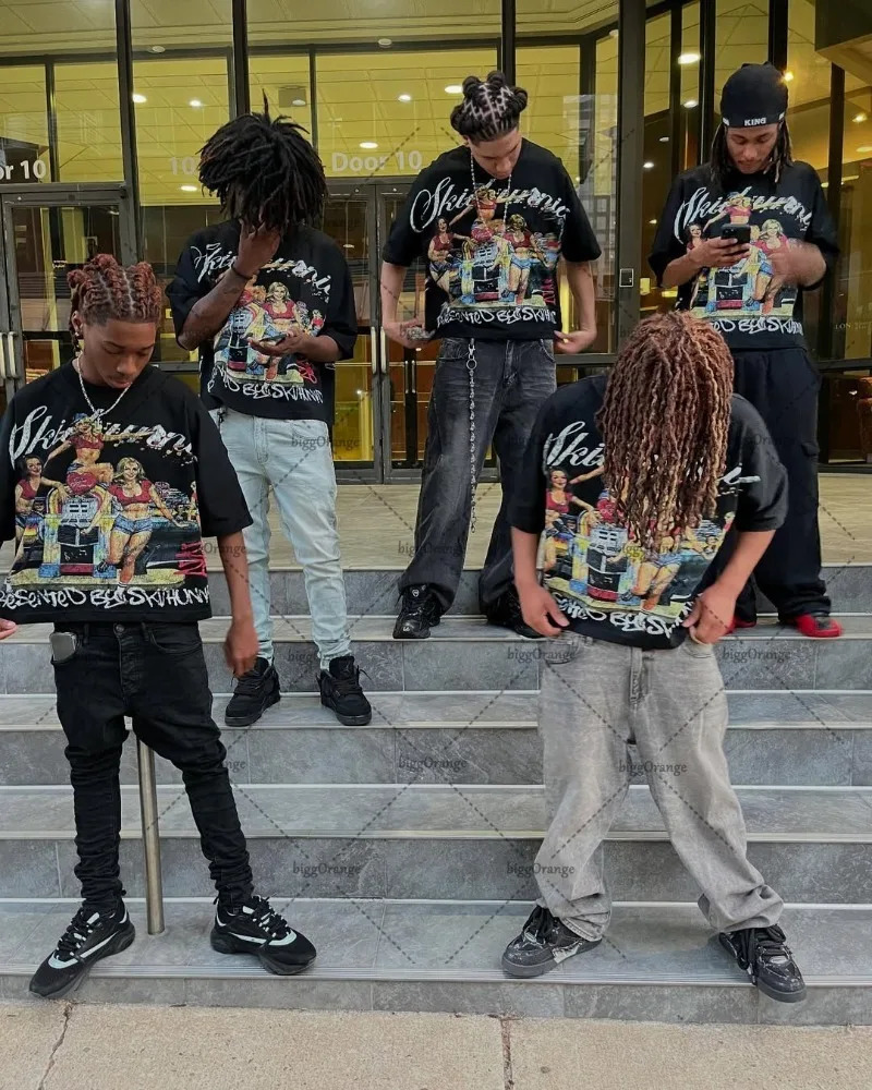 American Hip-hop Oversized T-shirt Y2K Streetwear Men Casual High Street Harajuku Trendy Pure Cotton Round Neck top Women 250616