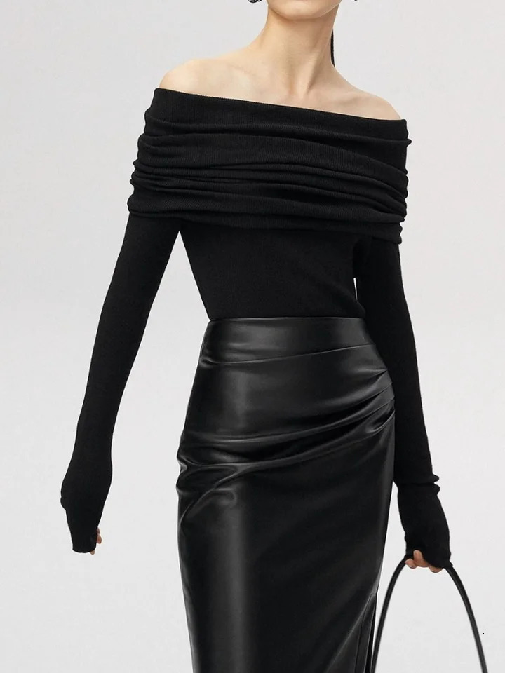 Slash Neck Sweater Women Tops Knitted Slim Basic All-match Sexy Elegant Off Shoulder Autumn Winter Long Sleeve Pullovers Female 250616