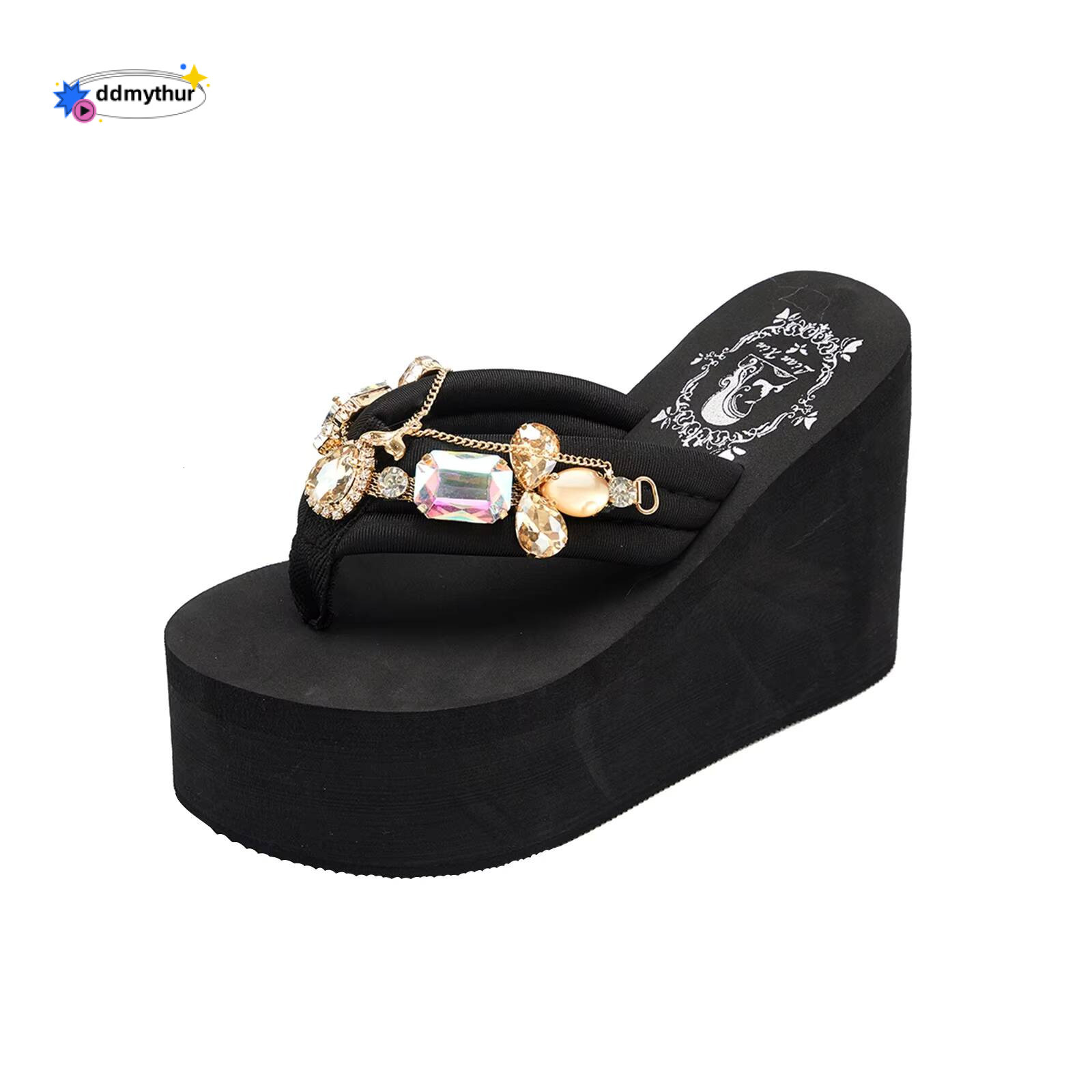 Ladies Flip Flops Shoes Wedge Platform Thick Sole High Heel Rhinestone Slipper Women Fashion Diamond Chain Slippers Zapatos ddmythur