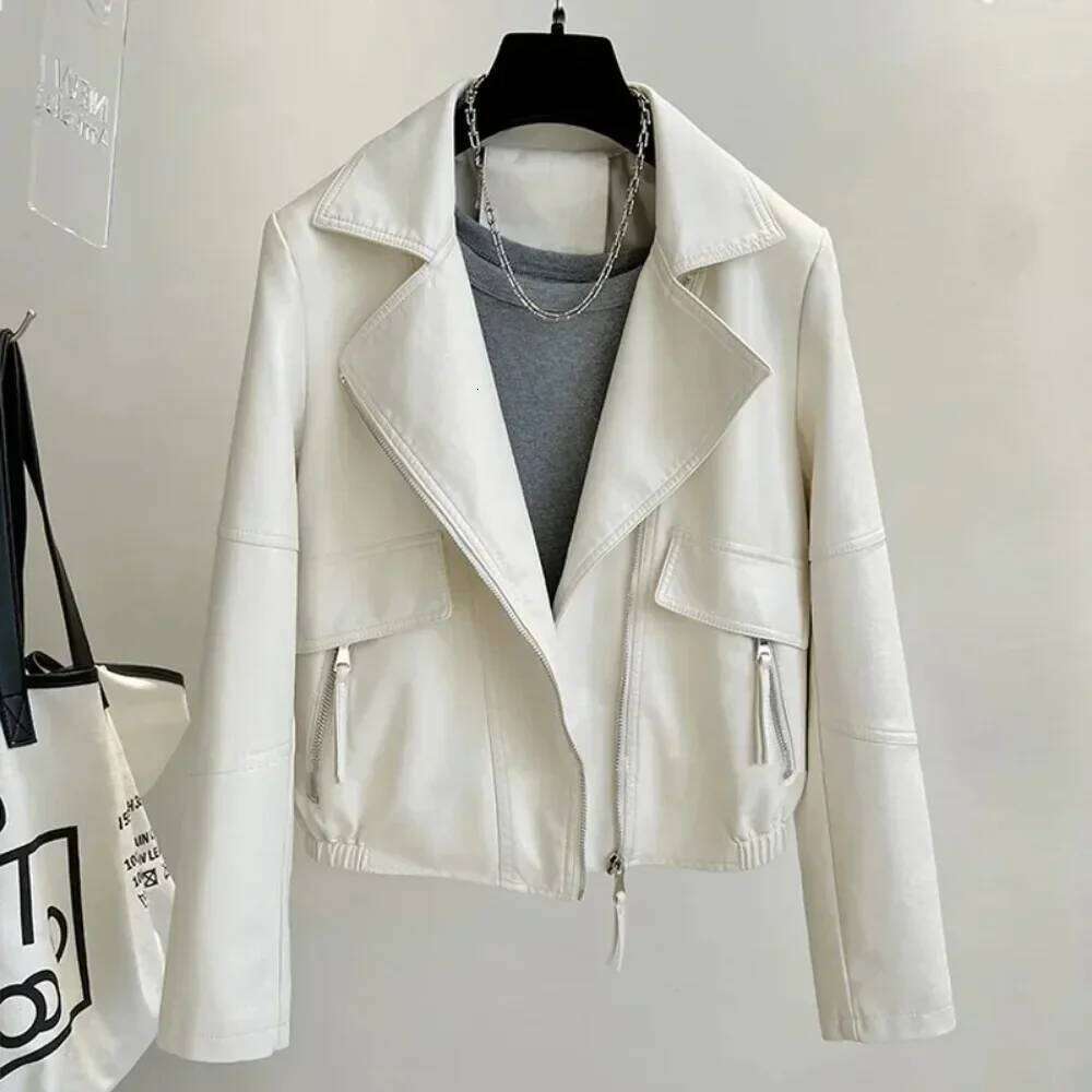 2024 New Spring Autumn Vintage Faux Jacket Women Brown Moto Biker Leather Coats Casual Streetwear Zipper PU Outwear