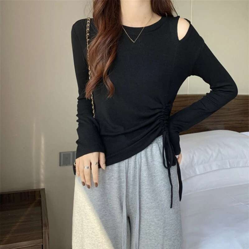 Slim Womens T Shirts 2025 Brown Clothes Off Shoulder Female Tops Plain Aesthetic Tshirts 90s Vintage New in Korea Stylish Tees