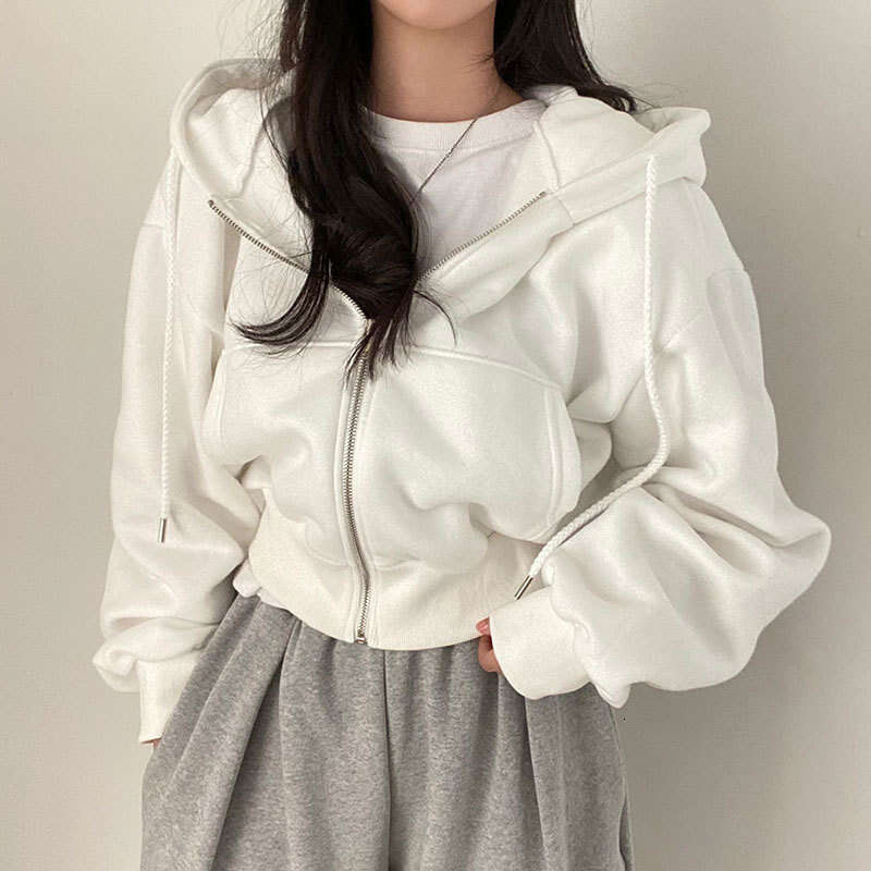 Spring Summer New Ins Versatile Fashion Short Slim Fit Zipper Warm Solid Color Hoodie Women 661 B5