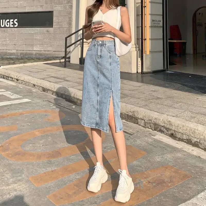 Woman Denim Skirt with Slit High Waist Jeans Skirts for Women Blue Cheap Modest 2025 Trend Stylish Premium Vintage Streetwear V