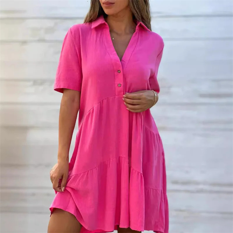Women Cotton Linen Solid Color Dresses Lapel Button Patchwork Dress Summer Casual High Waist Short Sleeves Female Gown 250529