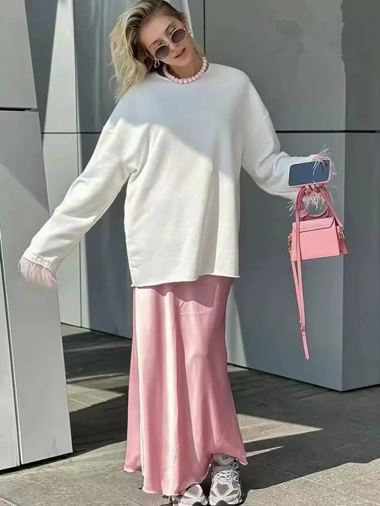 Pink Midi Skirts Women Fashion Elastic Waist Black Skirt Autumn Casual High Waist Satin Long Skirt Womens Chic Skirts 250614