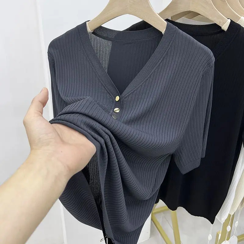 Womens Ice Silk Short Sleeves V Collar Knitting Wild Elastic T-Shirt Loose High Street Thread Thin Buttons Short Sleeve T-shirt 250614