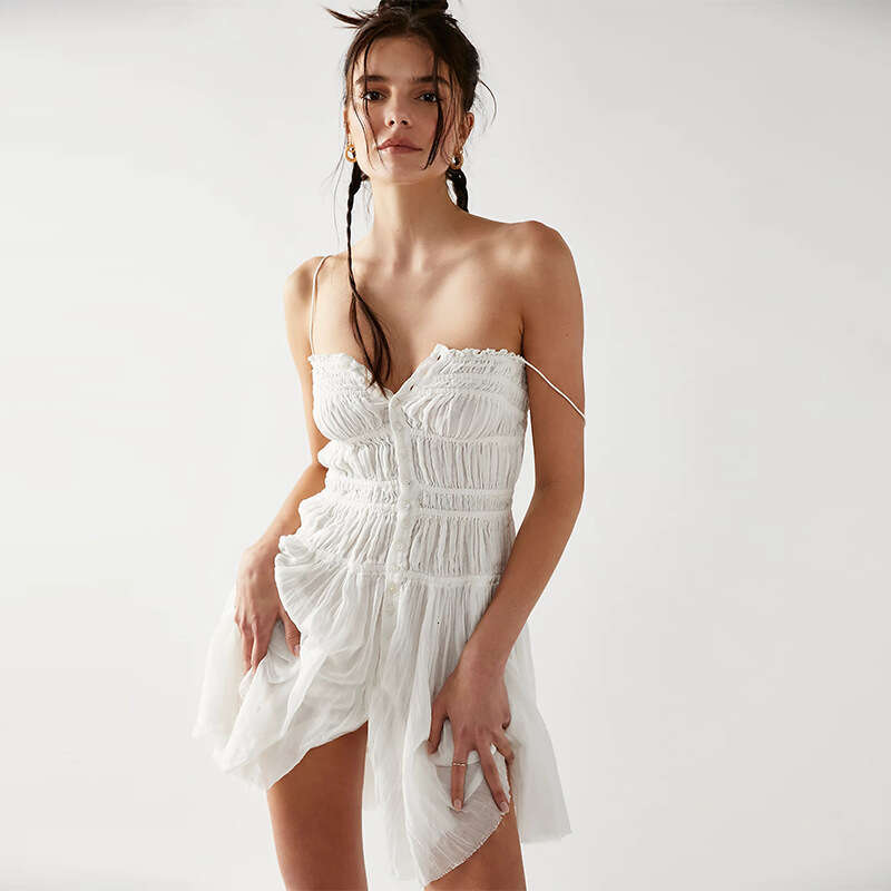 Dress Birthday Dress Tender 736 Summer New 2025 Solid Color Square Neck Strap Short Slim Fit Stretch Cotton Sexy Vacation Style Tulle Dress