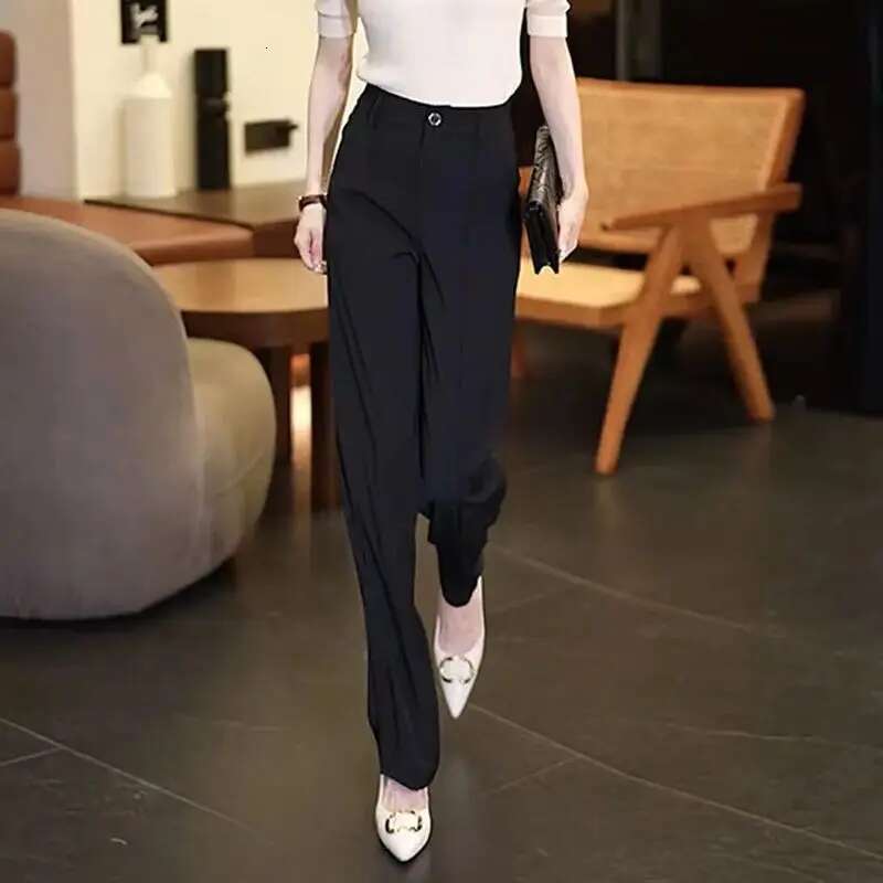 Tailoring White Office Black Trousers for Woman Baggy Work Loose Clothing Solid Wide Leg Womens Pants Brown Straight Classic G