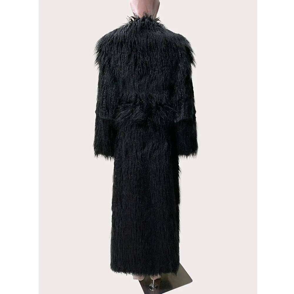 Mauroicardi Winter Extra Long Black Thick Warm Shaggy Fluffy Fuzzy Faux Fur Coat Women Sashes Elegant Maxi Furry Overcoat