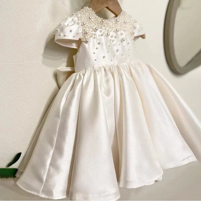 Baby Kids Princess Satin Pearls Bow Flower Girl Dress Children First Communion Dress Ball Gown Wedding Party Dress Birthday 250617