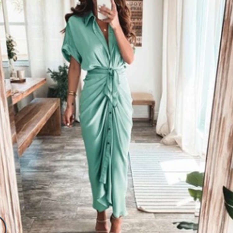 Spring New Women's Short Sleeve Elegant Fashion Commuter High Waist Printed Cardigan Dress B5