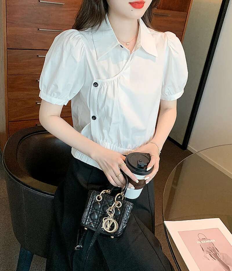 Clothes Kawaii Womens Shirt Blouse Cute Tops for Women Collar with Puffy Sleeves Button Up White Novelty 2025 Summer Novelties