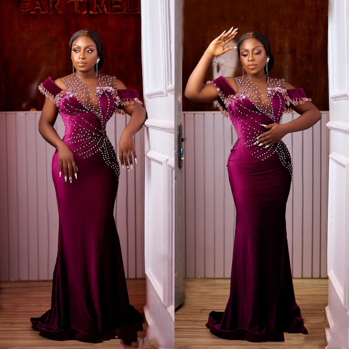 Luxurious Mermaid Prom Dresses Velvet Pearls Beading Sheer Neck Evening Gowns Rhinestone Birthday Party Customized Special Occasion Dress
