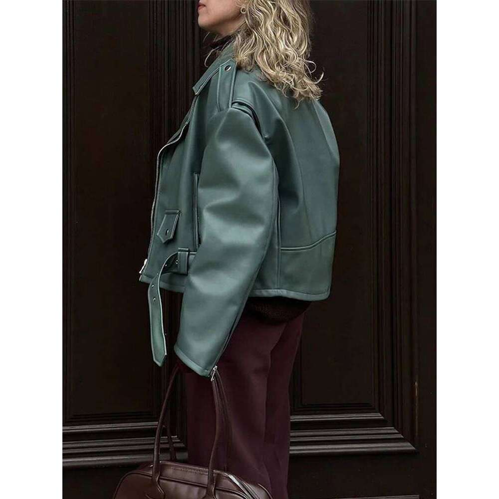 Vintage Leather Jacket Women Lapel Full Sleeves Zipper With Belt PU Jackets Female 2024 Autumn Retro Chic Casual Loose Lady Coat