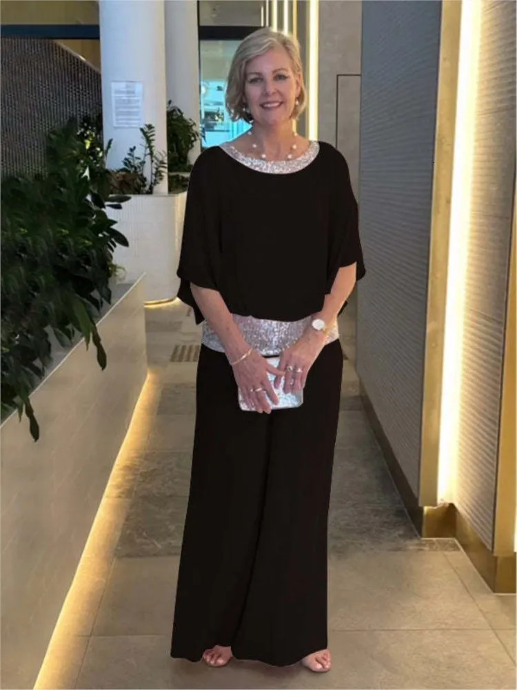 Fashion Sequin Splicing Chiffon Shirt Womens Bat Short Sleeved Suit Summer Wide Leg Pants Elegant Female Office 2 Piece Set 250616