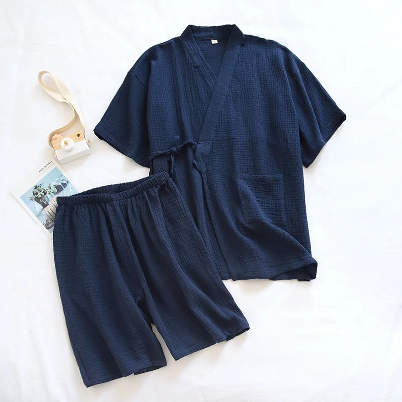 Summer Style Japanese Kimono Pajamas Suit Couple Thin Cotton Crepe Mens Short-Sleeved Shorts Two-piece Womens Home Service 250616