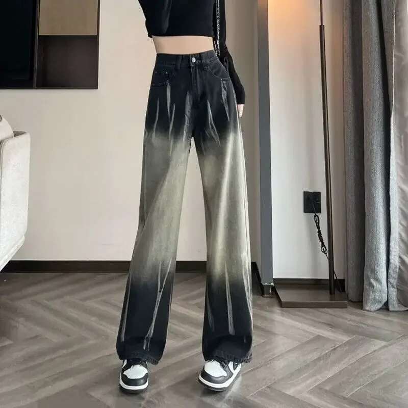 Womens Jeans Gradient Straight Leg Trousers High Waist Shot Black Pants for Woman with Pockets Office Medium Wash 2000s Y2k R A