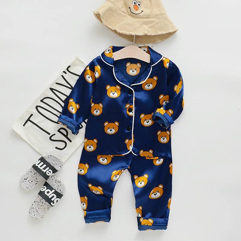 Children Silk Satin Pajamas Set Baby Boys Girls Cartoon Little Bear Tops Trousers 2Pec Spring Autumn Kids Casual Home Sleepwear 250617