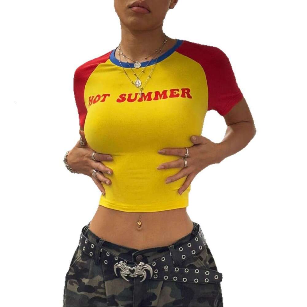 Summer New Hot Girl Letter Print Color Block Short Slim Fit Round Neck Pullover T-Shirt B5
