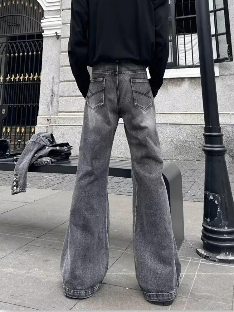 2025 Trashy Y2K Streetwear Washed Grey Baggy Stacked Flare Jeans Pants Men 90S Vintage Clothes Hip Hop Male Long Trousers 250616