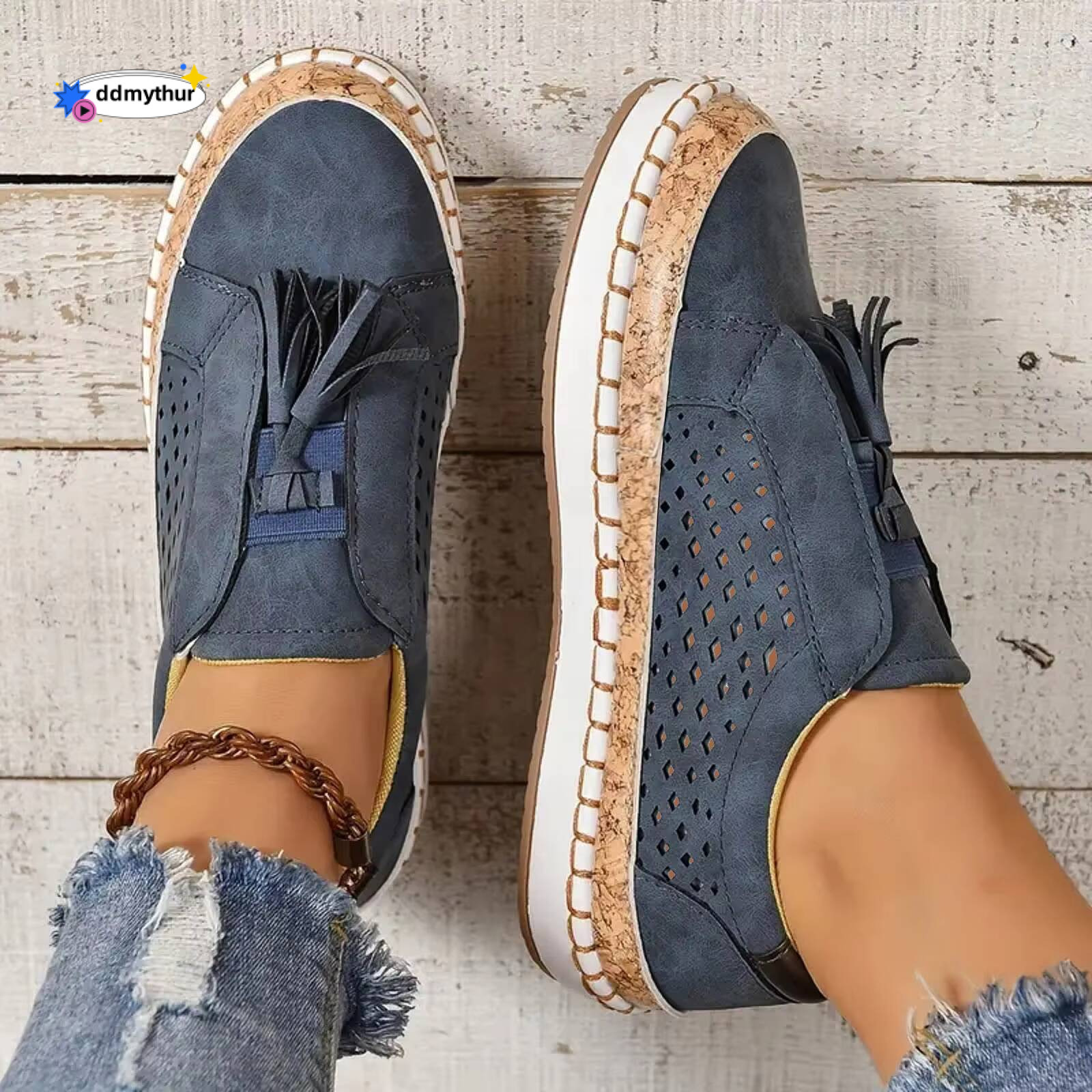 Sports Women'S Fashion Fringe Hollow Out Round Toe Flat Slip On Shoes Sneakers For Women Clearance ddmythur