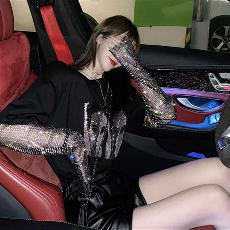 Rhinestone Pullovers Black Womens Sweatshirt Top Sequin Glitter High Quality Xxl Warm Korean Streetwear Y2k Emo Woman Clothing