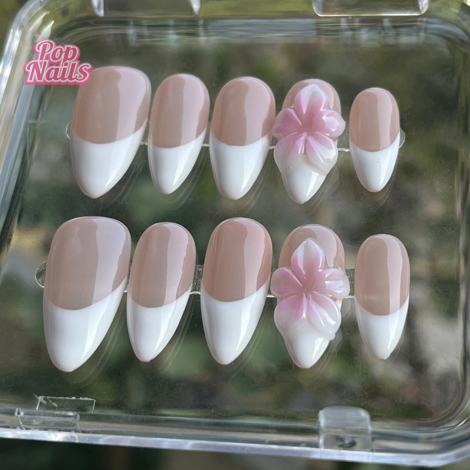 Cute Pink Flower French Tip Nails Acrylic Press Ons Wholesale Custom Short 3D Nail Art Flowers White Almond Gel Press on Nails 250612
