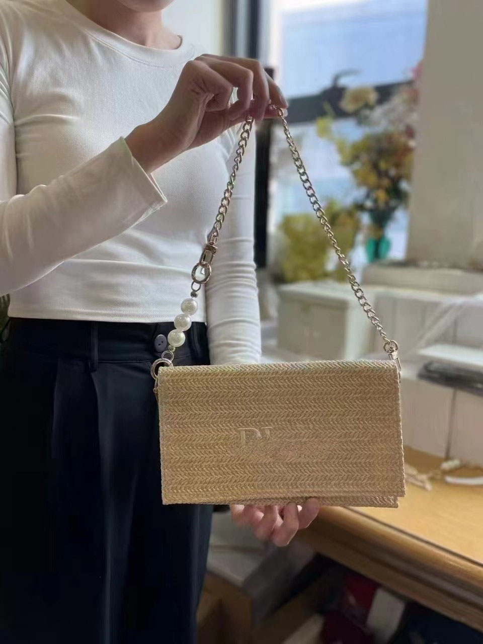 Fashion DIY Straw bag Pearl chain shoulder bag crossbody makeup bag women's hand phone bag with gift box