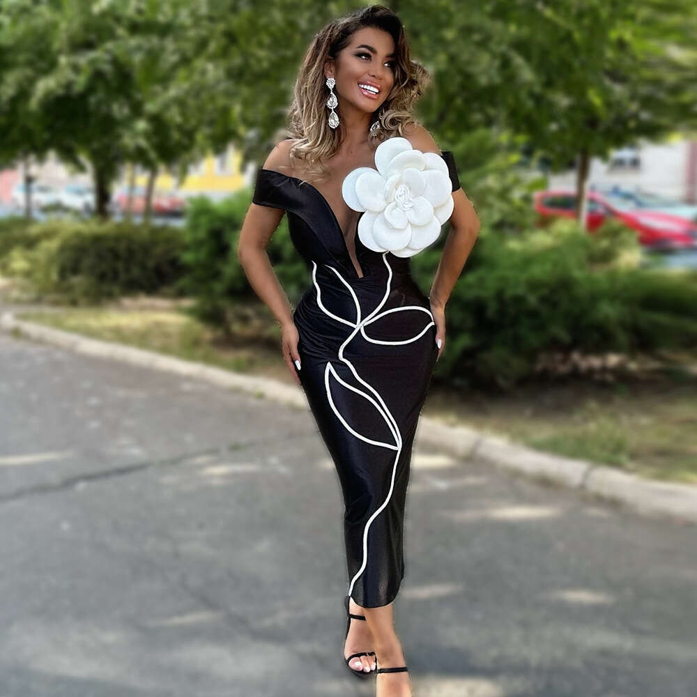 Autumn New Fashion Slimming Floral Strapless Dress Sexy Long Bandage Gown for Women