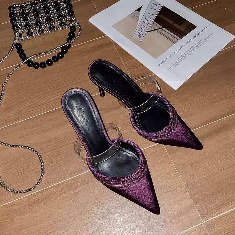 Purple Satin Rhinestone Charm Sandals Women, Thin Heel, Pointed Transparent Strap, Closed Toe, High Heels for Socialites
