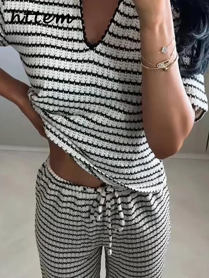 Casual Womens Knit Striped Pullover Pants Set Loose Polo Collar Short Sleeve T-shirt Drawstring Wide Leg Pant 2025 Lady Outfit 250616