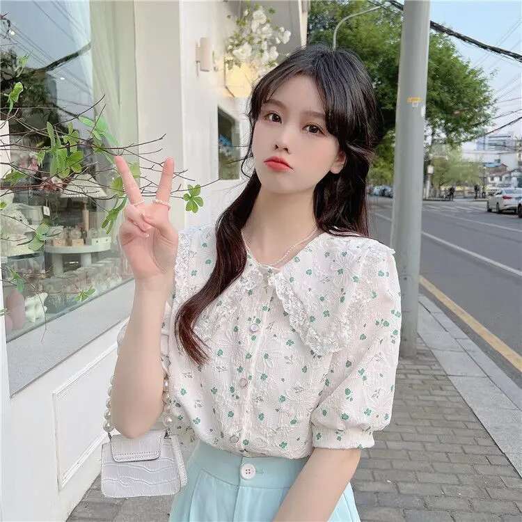 Womens Shirt Blouse Floral Clothes Printed Tops for Women Collar Cute and Elegant with Puffy Sleeves Sale of Korea Stylish M S