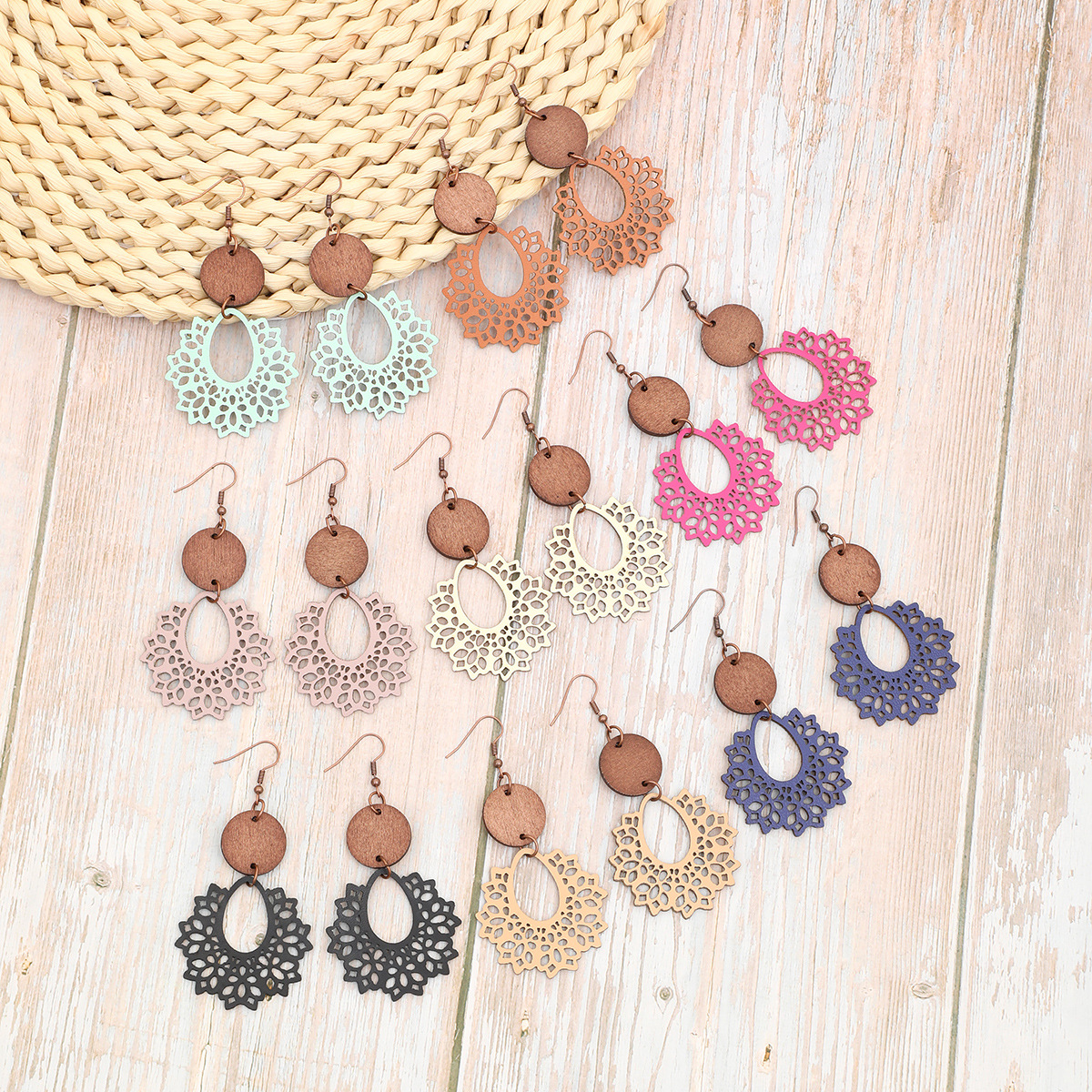 Bohemian Hollow Earrings - Irregular Lace - Inspired Wooden Chip Combination Ear Accessories
