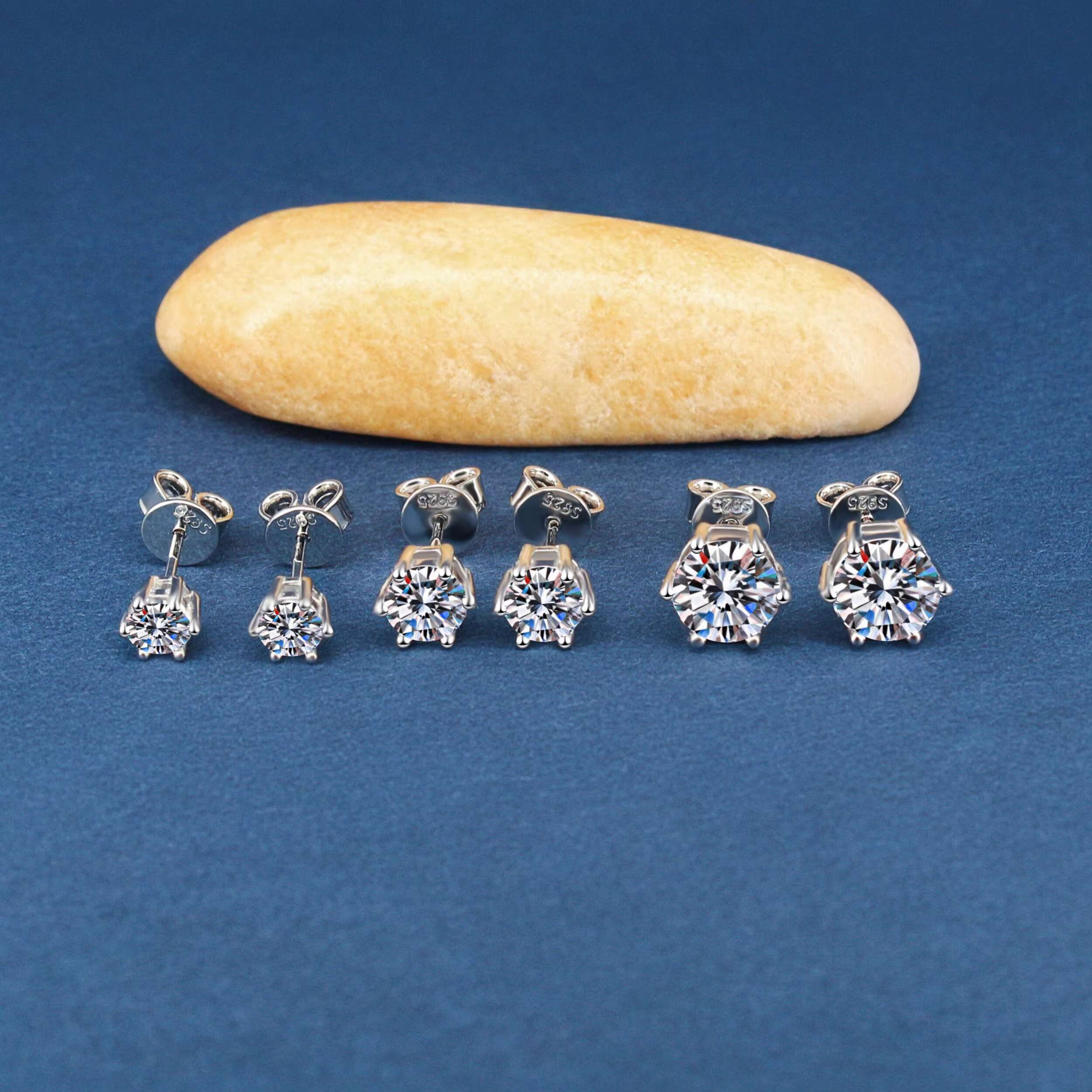 S925 Tremella Nail Moss Stone Earrings Classic Six Claw Earrings Rhodium-plated Simple Earrings