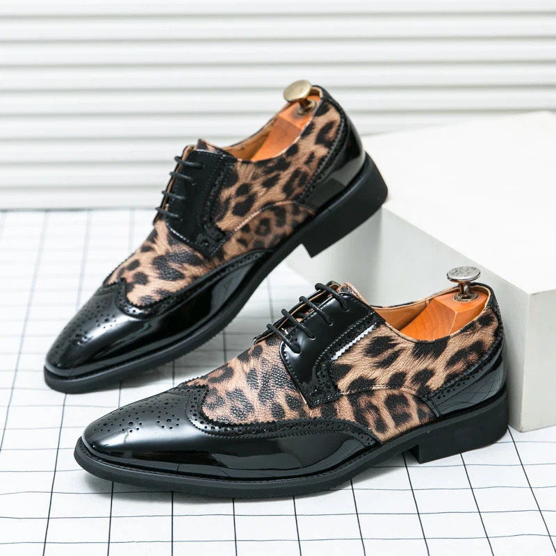 mens lace-up leopard print leather shoes slip-on business casual loafers Hair Stylist Nightclub 47 48 Extra size 250605