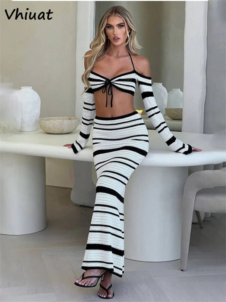 Vhiuat Summer Long Sleeve Tops Long Skirt Suit Women Knitted Beach Party 2 Piece Dress Set Elegant Matching Sets Outfits 250616