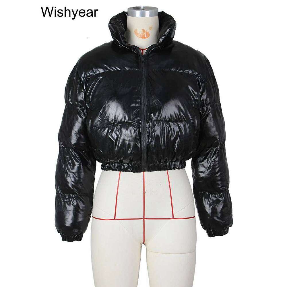 Metallic Siery Shiny Puffer Parka Cropped Jacket Women Long Sleeve Stand Collar Zip Up Winter Warm Coat Street Outerwear New