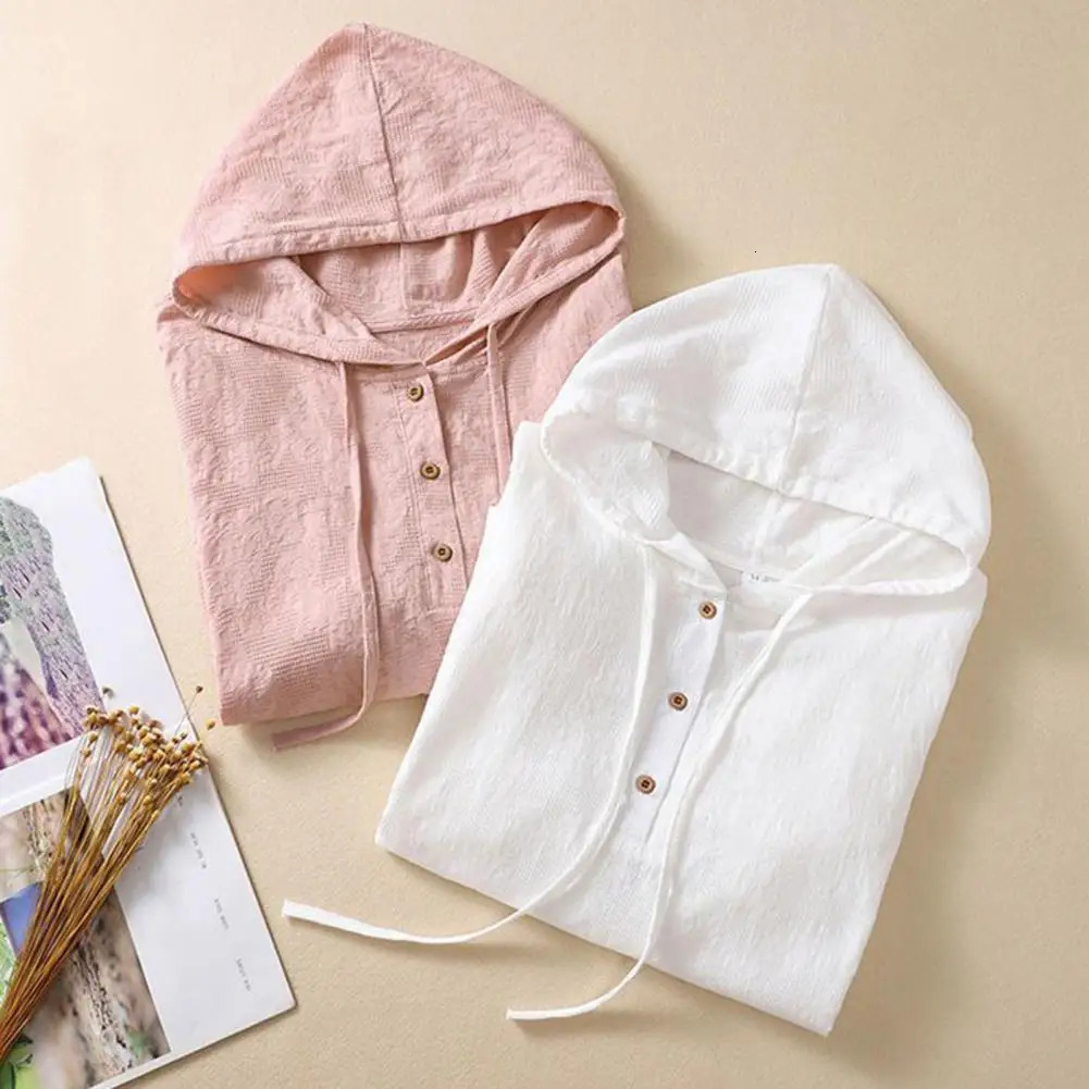 Elegant Women Blouse Shirt Hooded Cotton Linen Solid Color Buttons Half Placket Short Sleeve Top Thin Loose Blouse 250614