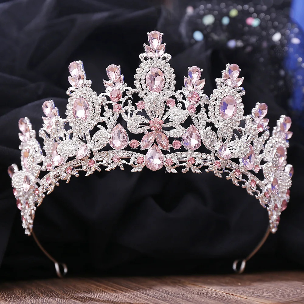Silver Color Pink Opal Royal Queen Wedding Crown Rhinestone Crystal Bridal Diadem Pageant Headdress Bride Tiara Hair Accessories 250603