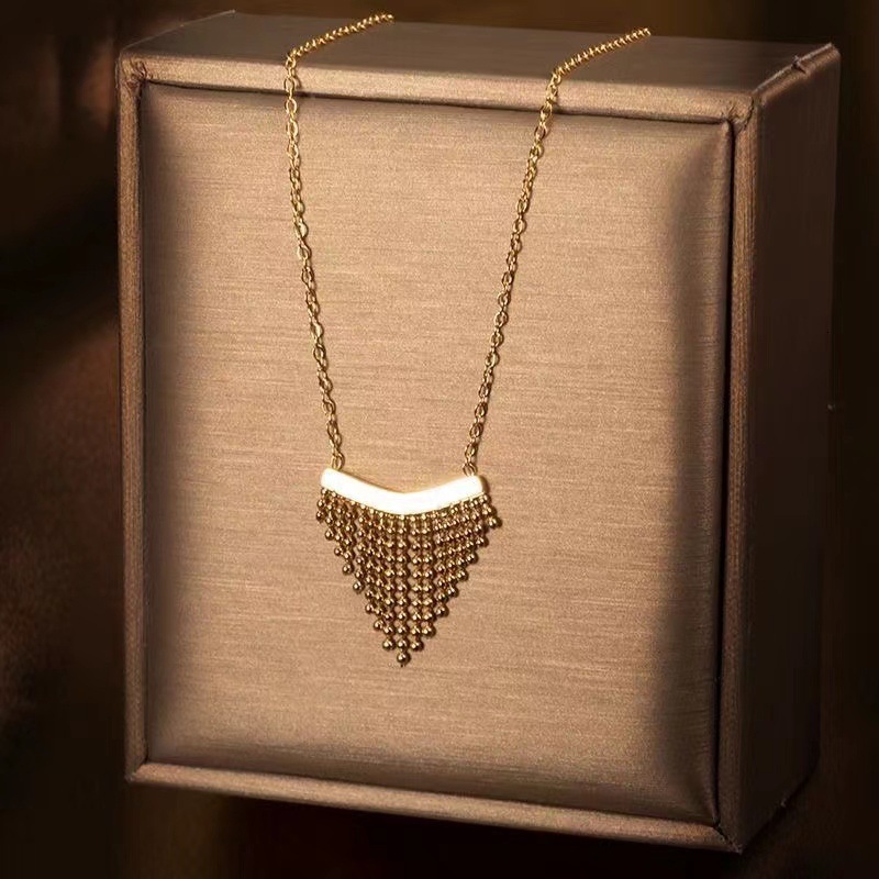Fashion Light Personality Simple Heart Round Bead Tassel Necklace for Women Titanium Steel Non-Fading Jewelry
