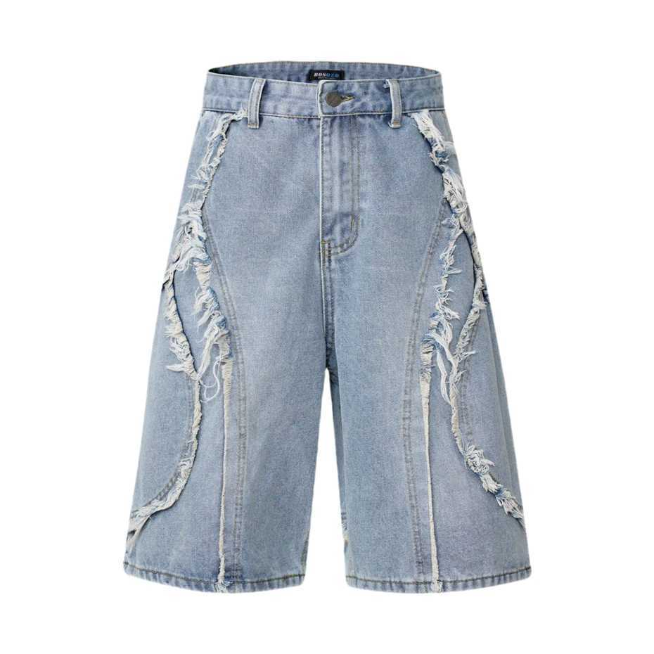 Summer Raw Edge Jeans Short Streetwear Hip Hop Y2k Ripped Hole Knee Length Pants Harajuku Vintage Baggy Denim Shorts Male Z250617