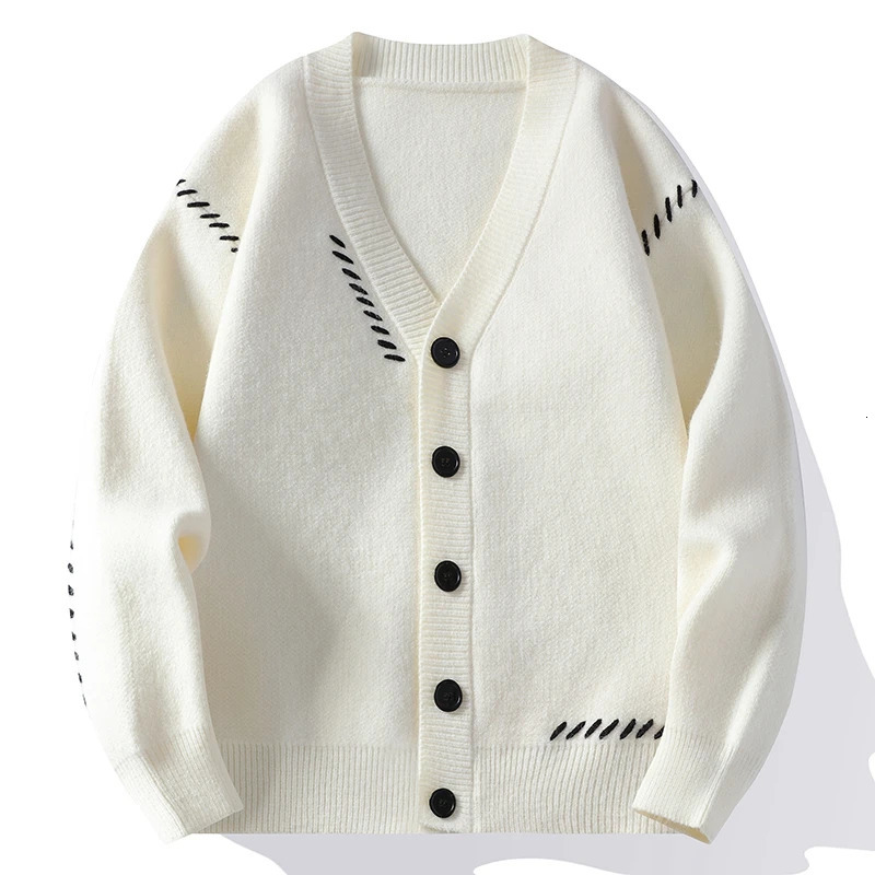 Autumn Winter V-Neck Knit Cardigan Men Harajuku Patchwork Loose Knitted Sweater Outerwear Coat Mens Fashion Casual Streetwear 250616