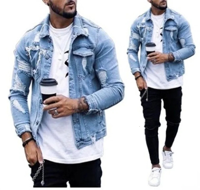 Fashion Men Jackets Spring Autumn Lapel Mens Denim Jacket Holes Irregular Washing Jacket Men Long Sleeve Cardigan Tops 250616