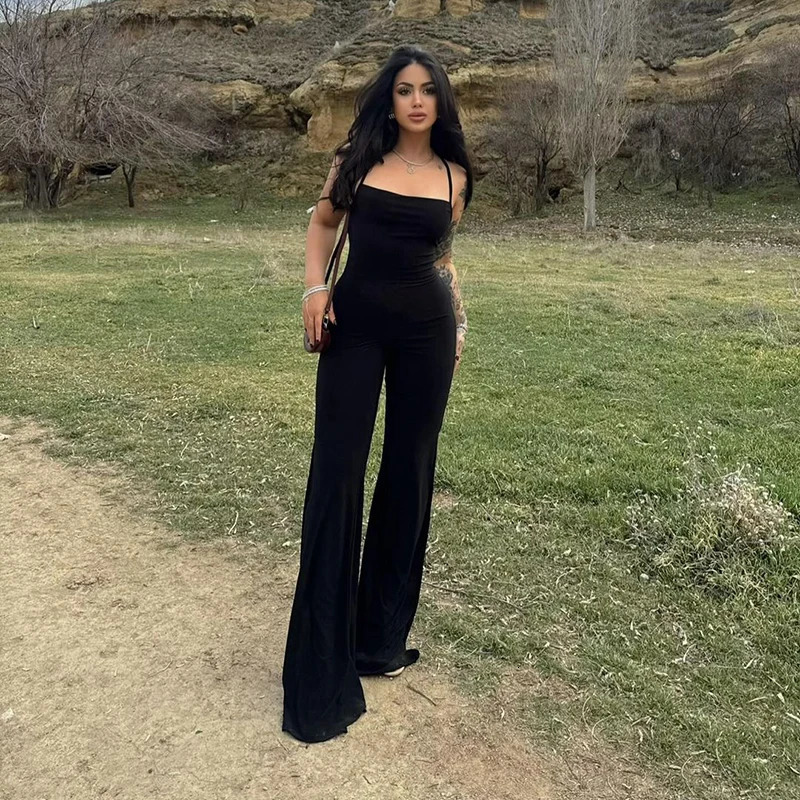 Womens Backless Jumpsuits Summer Fashion Bandage Slim Black Sexy Backless Split Rompers Streetwear Casual Slim Lady Overall 250617