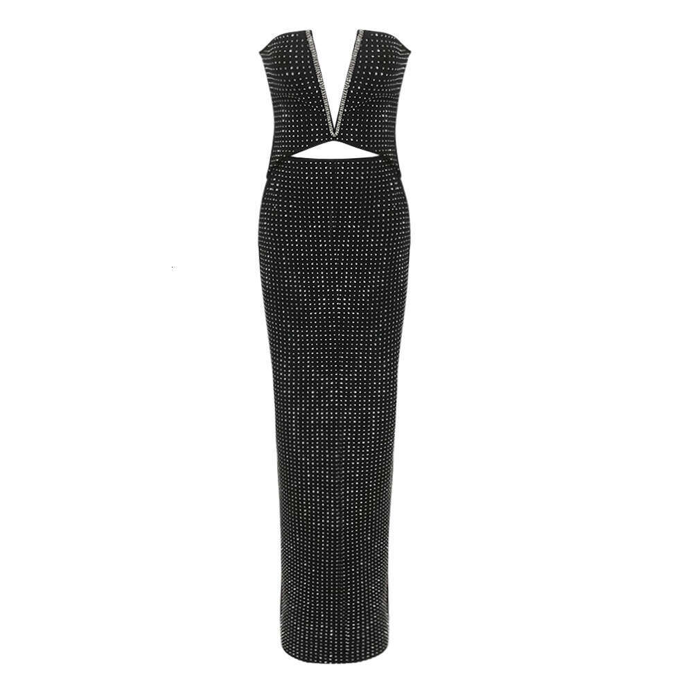 Autumn New Sleeveless Long Black Bandage Dress with Rhinestones for Party