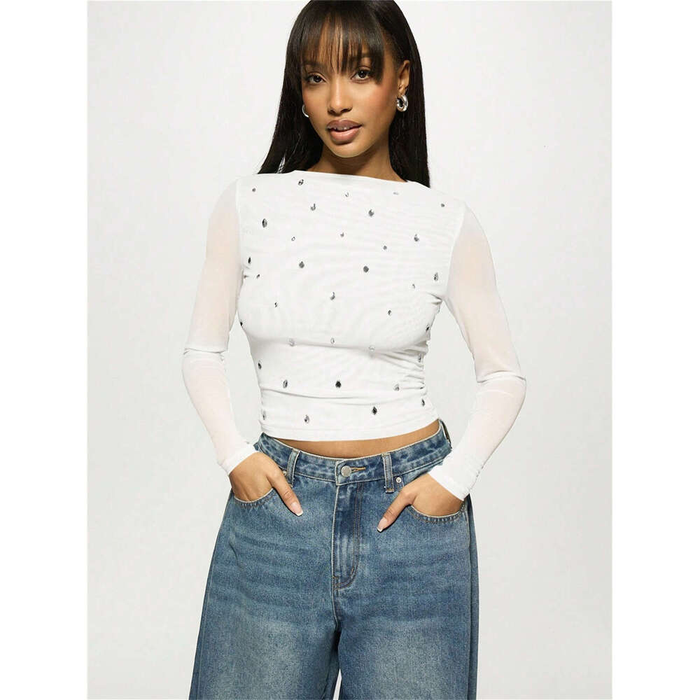 New Women's Fashion Casual Printed Slim Fit Mesh Semi-Transparent Hollow Long Sleeve T-Shirt B5